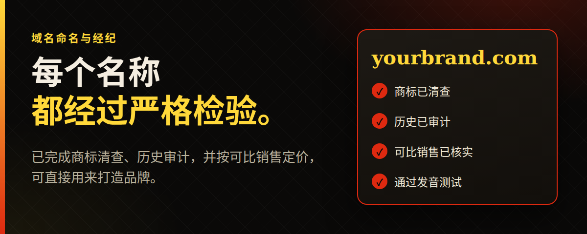 横幅文字为“每个名称都经过严格检验”，介绍域名命名与经纪服务，旁边是一份检查清单：商标已清查、历史已审计、可比销售已核实、通过发音测试。